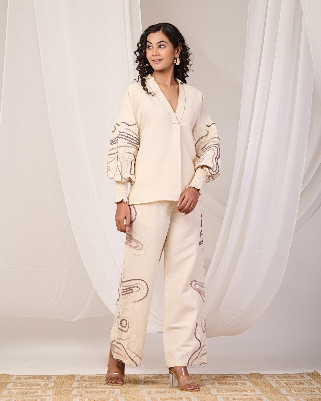 COTTON LILEN WITH EMBROIDERY CORD SET