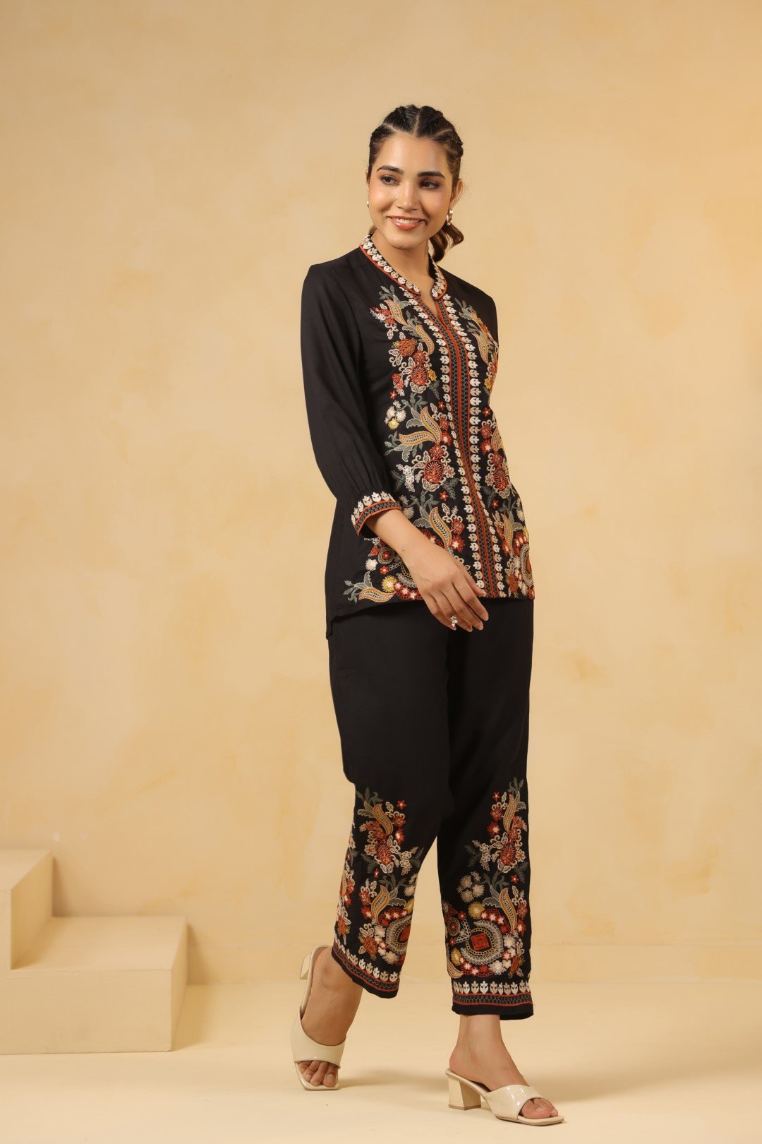 RAYON FABRIC CORD SET WITH EMBROIDERY BLACK